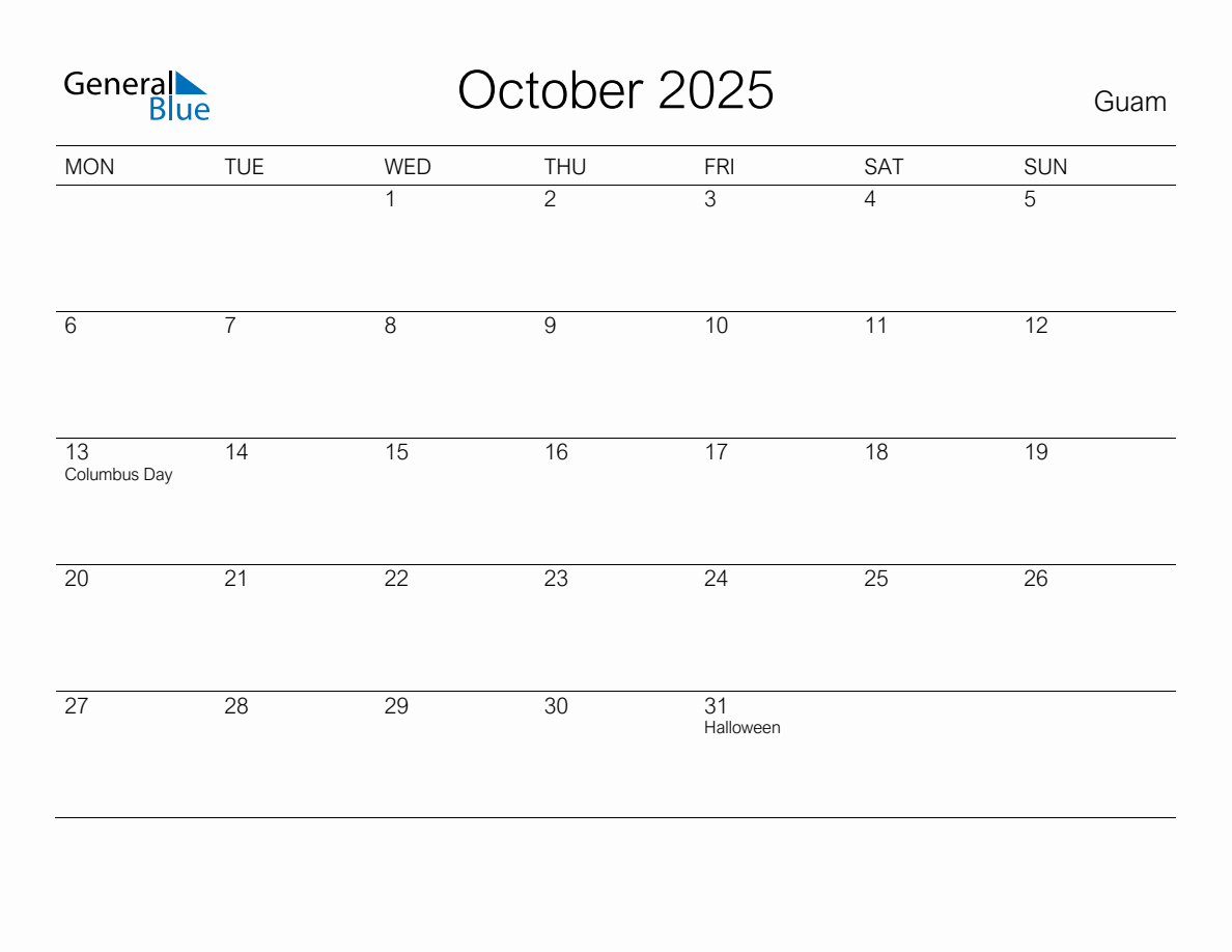 Printable October 2025 Monthly Calendar with Holidays for Guam