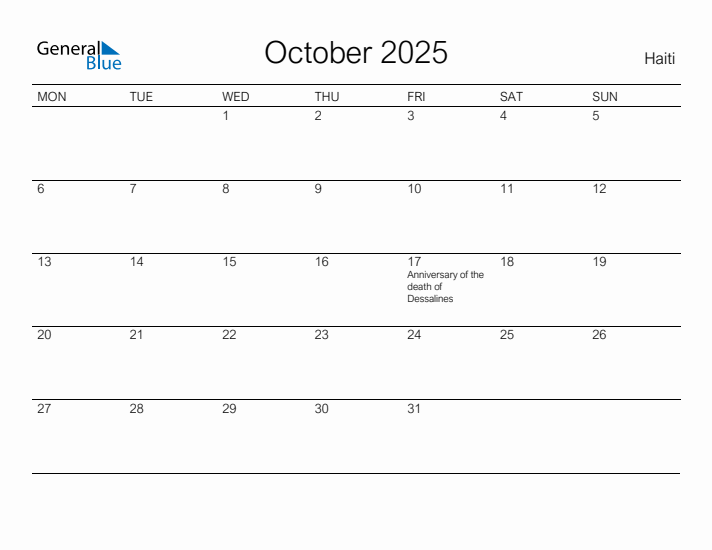 October 2025 Haiti Monthly Calendar with Holidays
