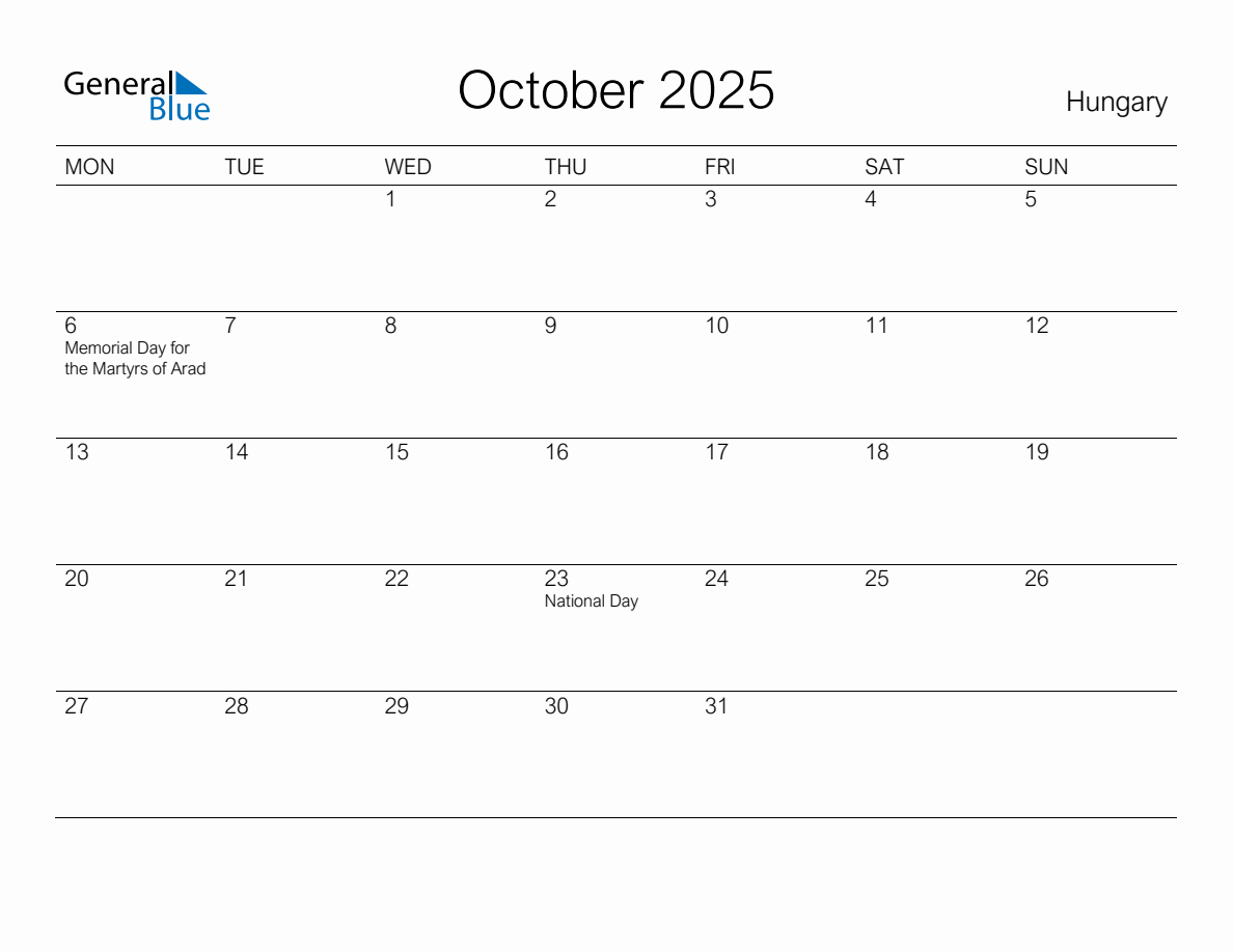 Printable October 2025 Monthly Calendar with Holidays for Hungary