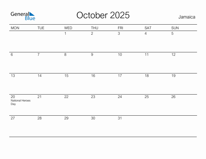 Printable October 2025 Calendar for Jamaica