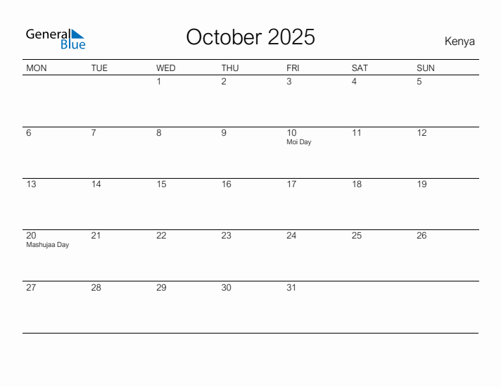 Printable October 2025 Calendar for Kenya
