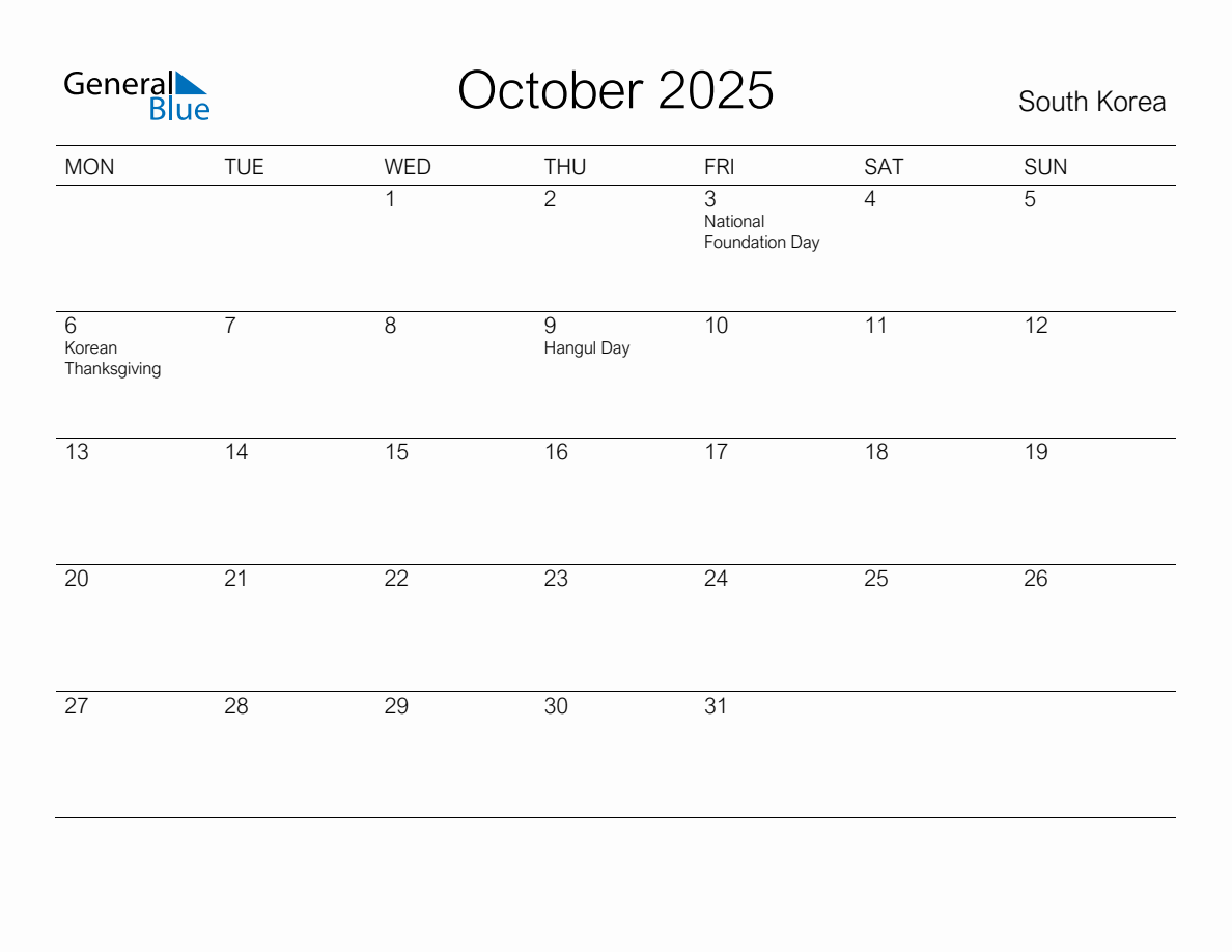 Printable October 2025 Monthly Calendar with Holidays for South Korea