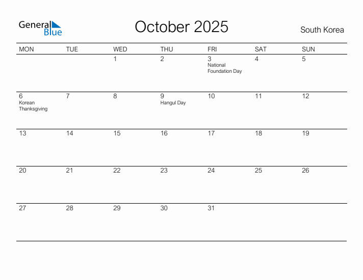 Printable October 2025 Calendar for South Korea