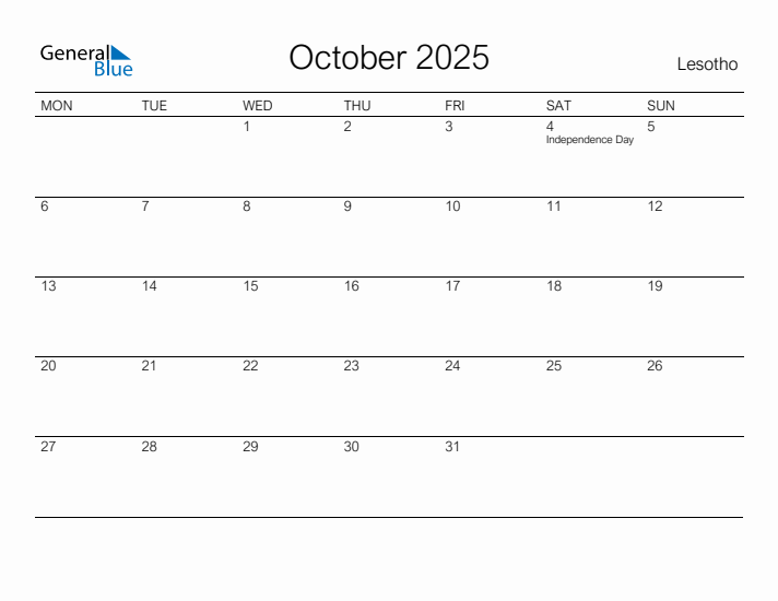 Printable October 2025 Calendar for Lesotho