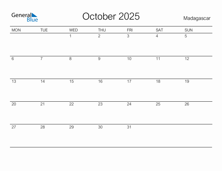Printable October 2025 Calendar for Madagascar