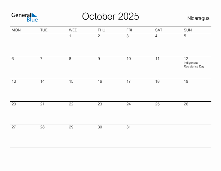 Printable October 2025 Calendar for Nicaragua