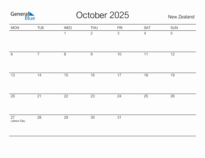 Printable October 2025 Calendar for New Zealand