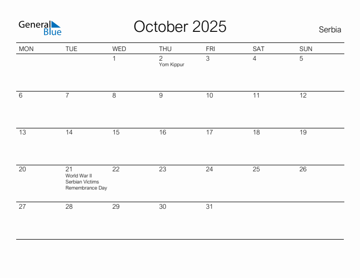Printable October 2025 Calendar for Serbia
