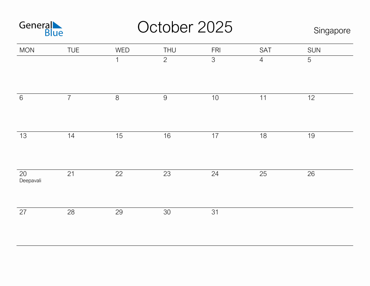 Printable October 2025 Monthly Calendar with Holidays for Singapore