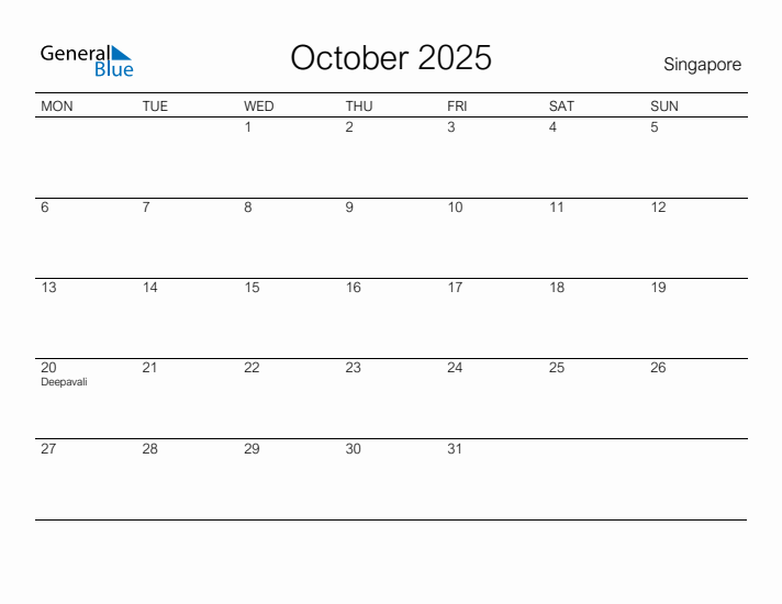 October 2025 - Singapore Monthly Calendar with Holidays