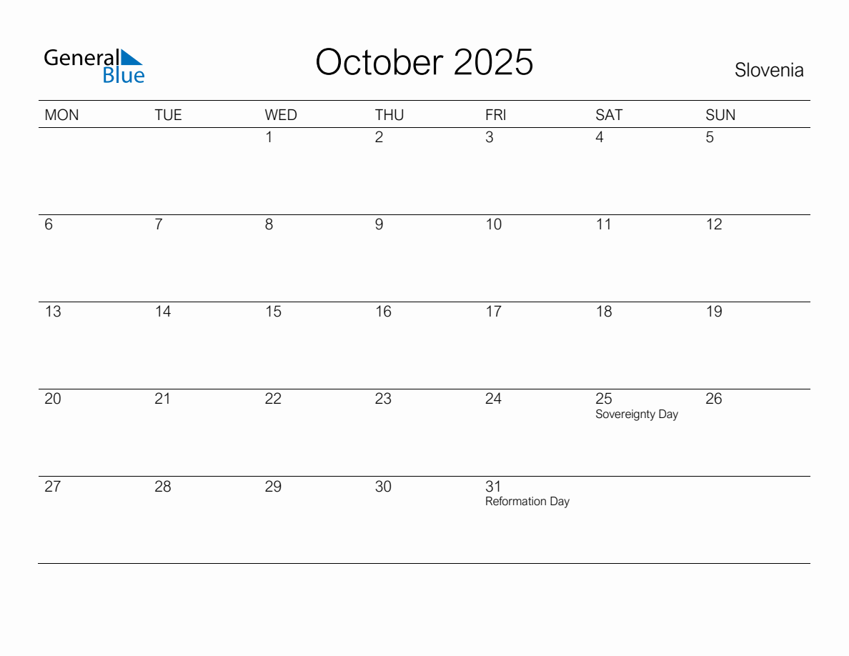 Printable October 2025 Monthly Calendar with Holidays for Slovenia