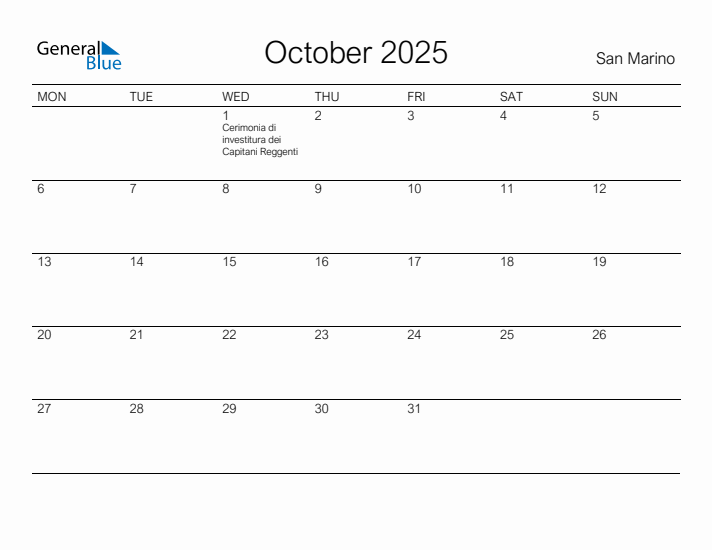 Printable October 2025 Monthly Calendar with Holidays for San Marino