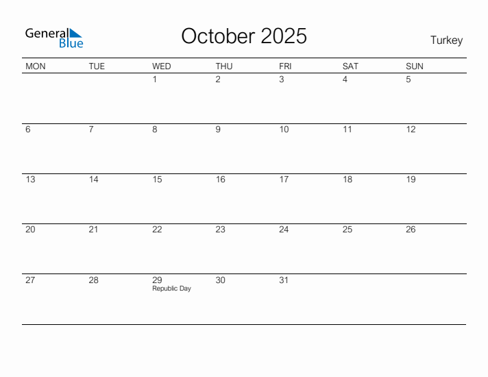 Printable October 2025 Calendar for Turkey