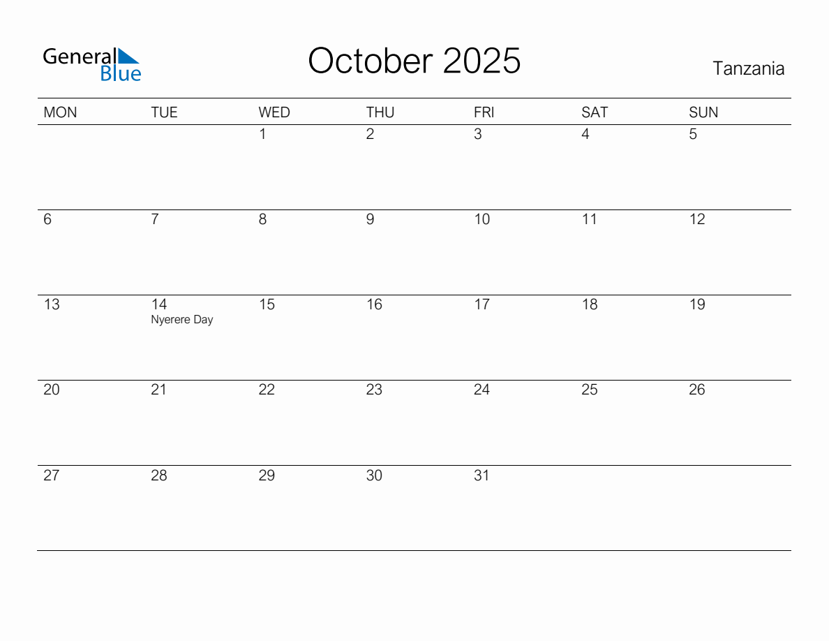 Printable October 2025 Monthly Calendar with Holidays for Tanzania