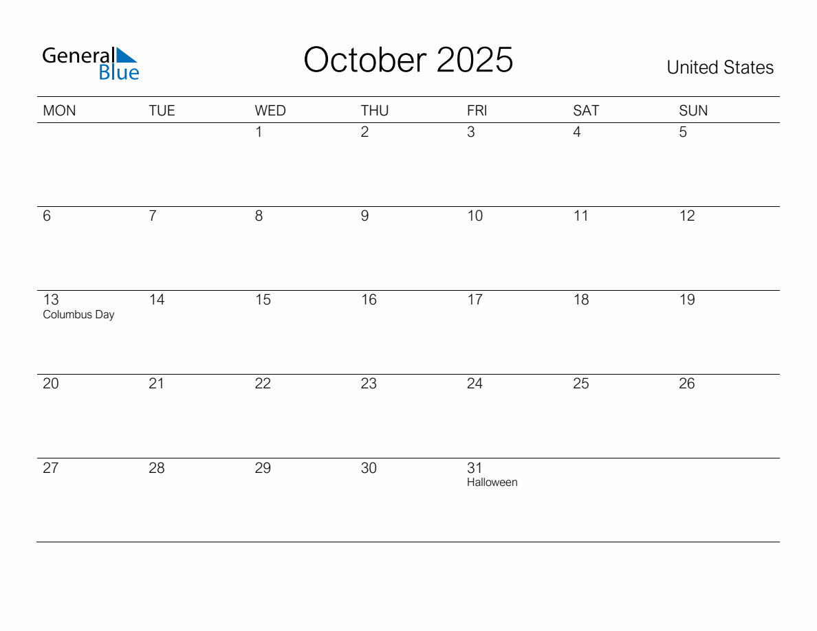 Printable October 2025 Monthly Calendar with Holidays for United States