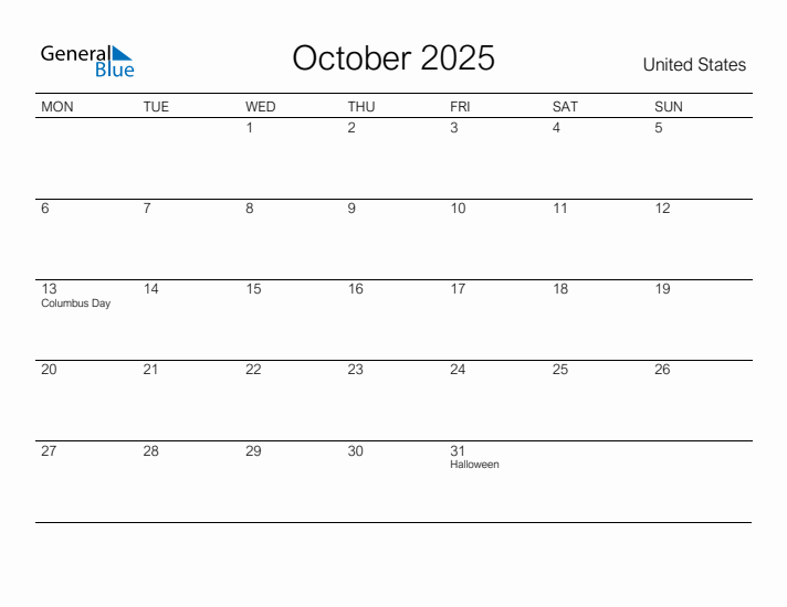 Printable October 2025 Calendar for United States