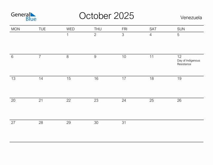 Printable October 2025 Calendar for Venezuela
