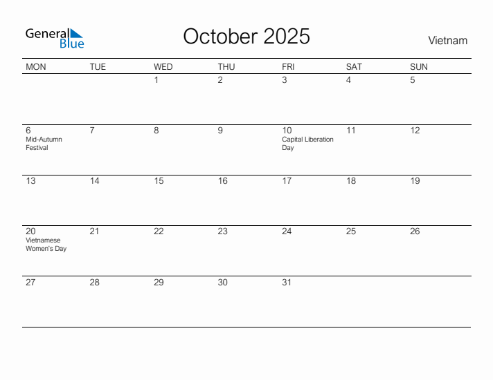 Printable October 2025 Calendar for Vietnam