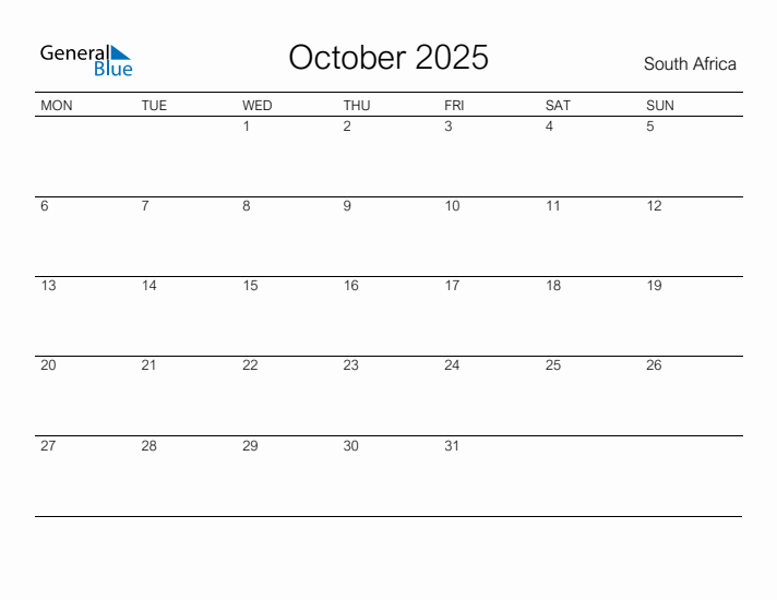 Printable October 2025 Monthly Calendar with Holidays for South Africa
