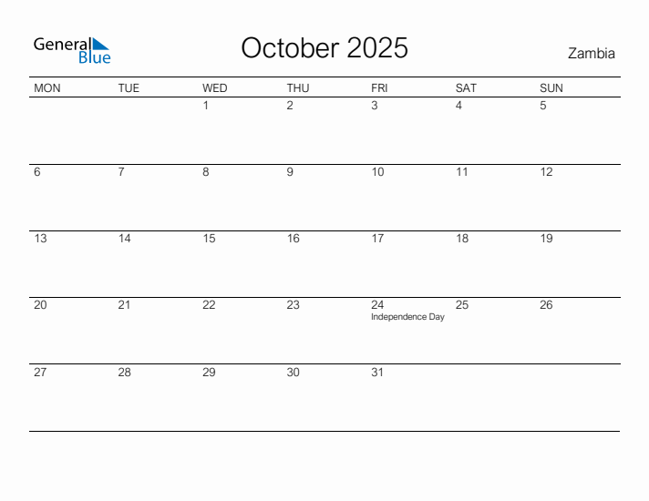 Printable October 2025 Calendar for Zambia