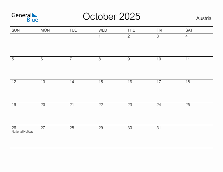 Printable October 2025 Calendar for Austria