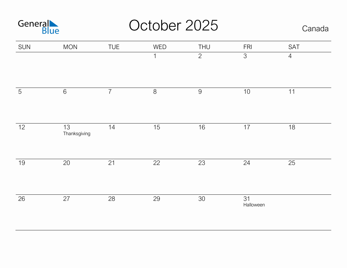 Printable October 2025 Monthly Calendar with Holidays for Canada