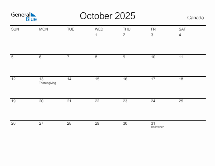 October 2025 Monthly Calendar with Canada Holidays