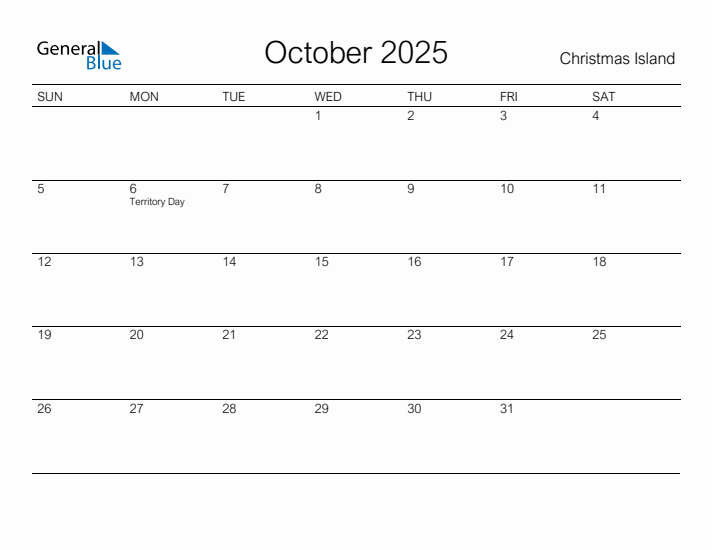 Printable October 2025 Calendar for Christmas Island