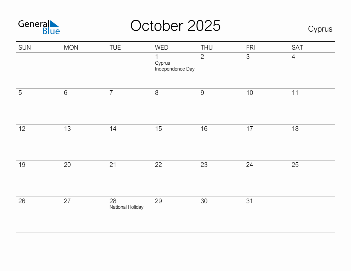 Printable October 2025 Monthly Calendar with Holidays for Cyprus