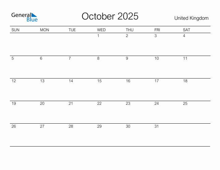 Printable October 2025 Monthly Calendar with Holidays for United Kingdom