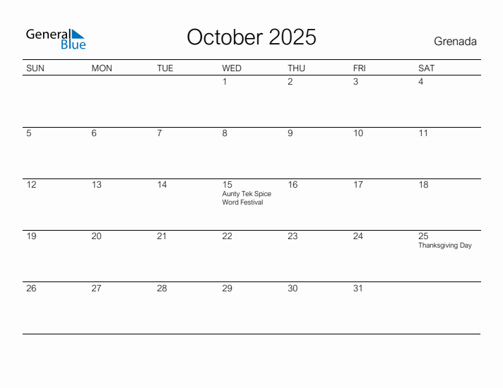 Printable October 2025 Calendar for Grenada