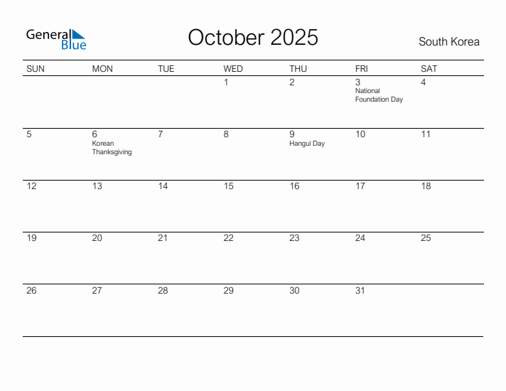 Printable October 2025 Calendar for South Korea