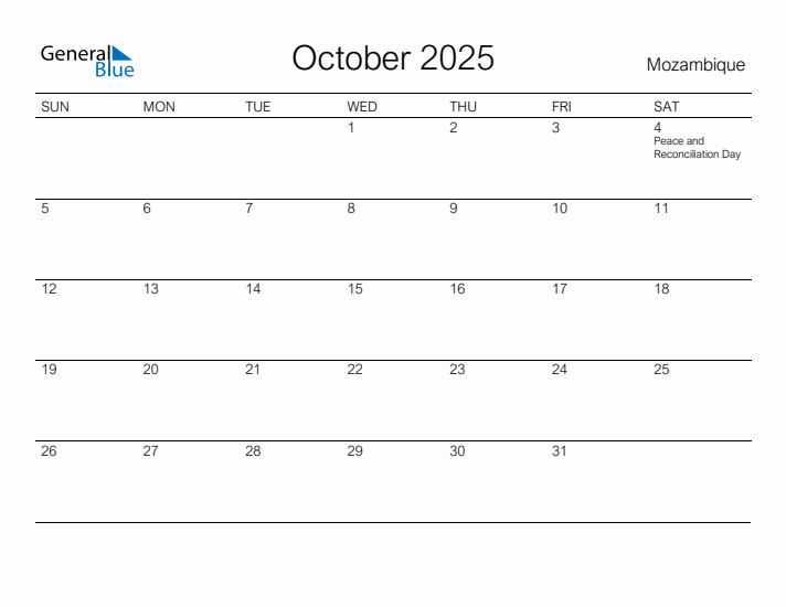 Printable October 2025 Calendar for Mozambique