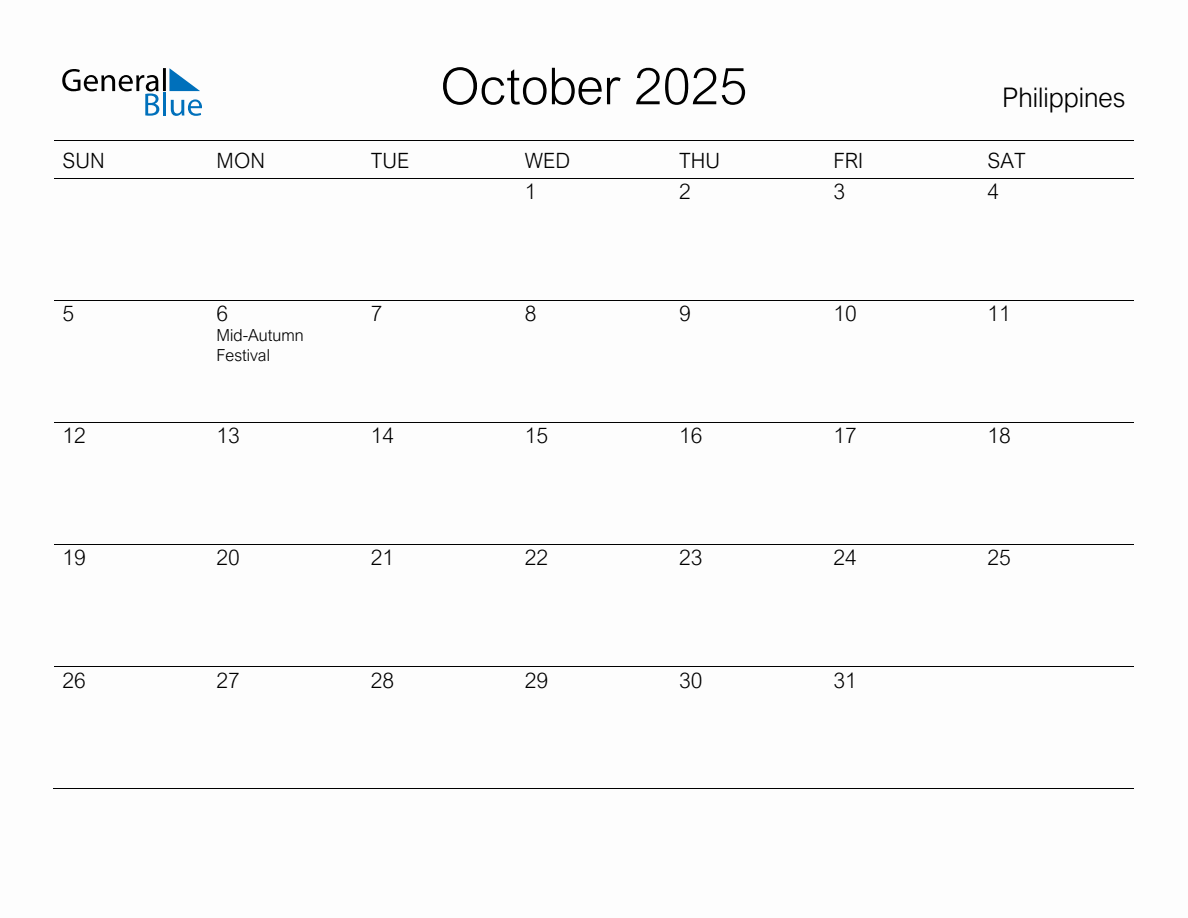 Printable October 2025 Monthly Calendar with Holidays for Philippines