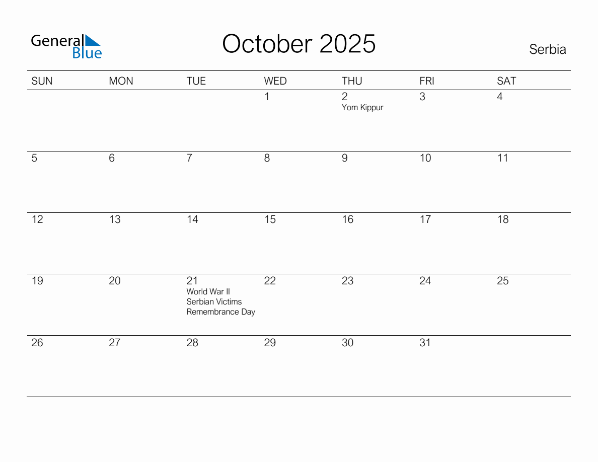 Printable October 2025 Monthly Calendar with Holidays for Serbia