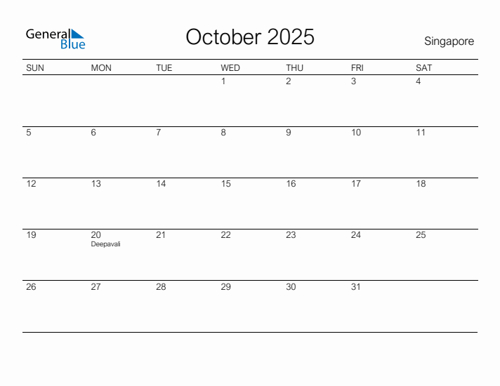 Printable October 2025 Calendar for Singapore
