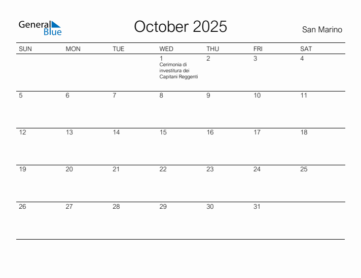 Printable October 2025 Calendar for San Marino