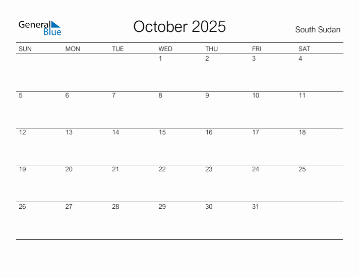 Printable October 2025 Monthly Calendar with Holidays for South Sudan