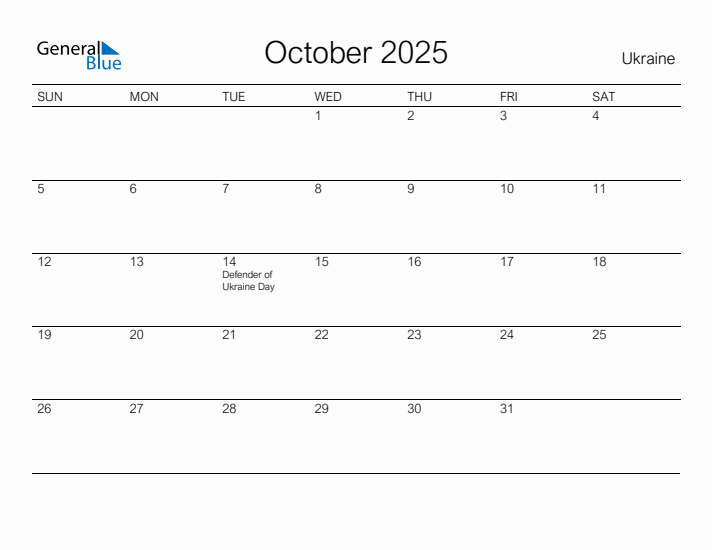 Printable October 2025 Calendar for Ukraine