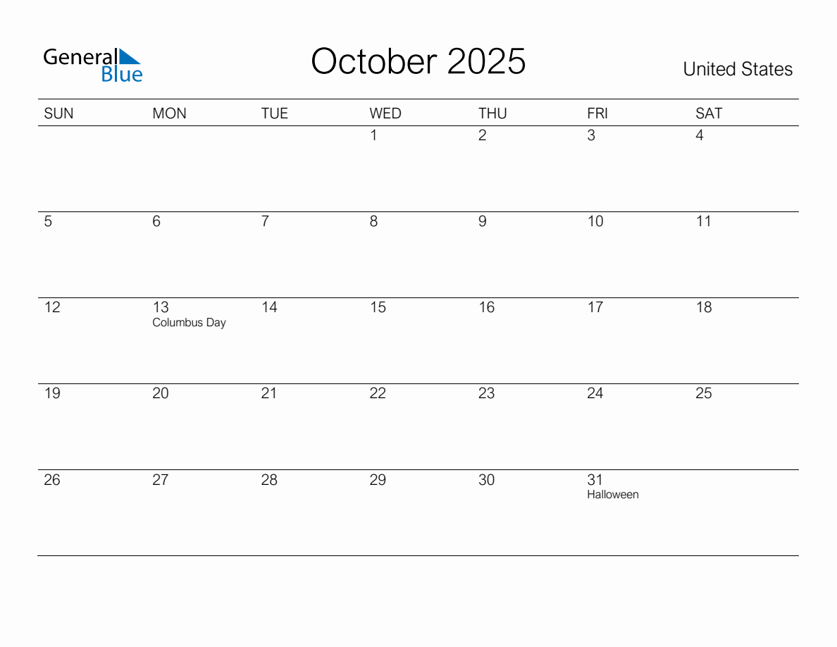 Printable October 2025 Monthly Calendar with Holidays for United States