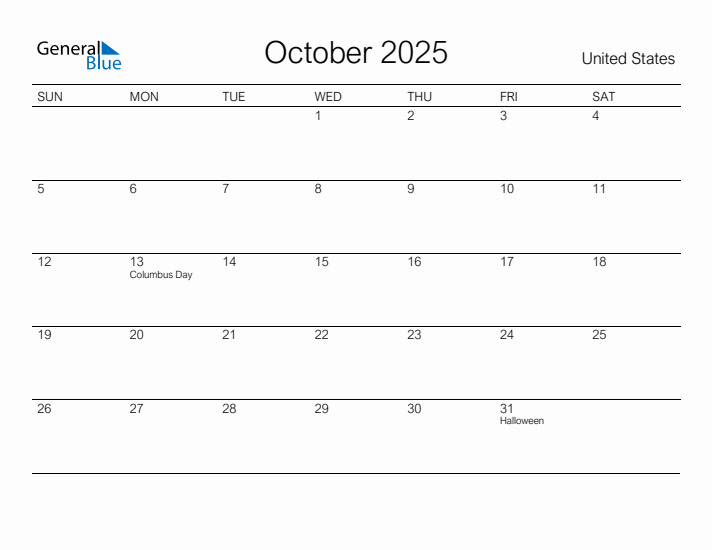 Printable October 2025 Monthly Calendar with Holidays for United States