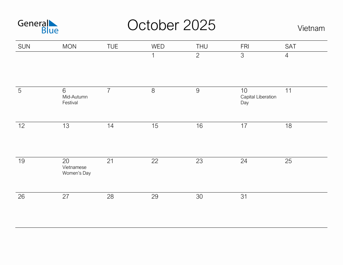 Printable October 2025 Monthly Calendar with Holidays for Vietnam