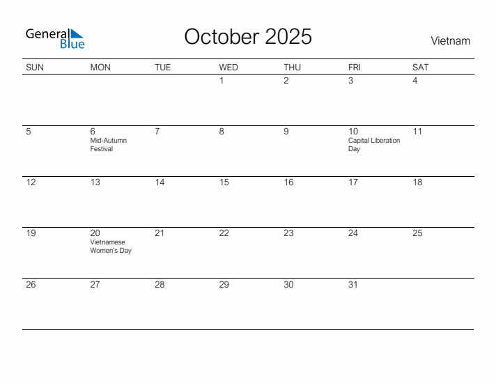 Printable October 2025 Calendar for Vietnam