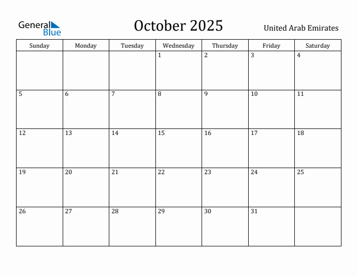 October 2025 Calendar United Arab Emirates