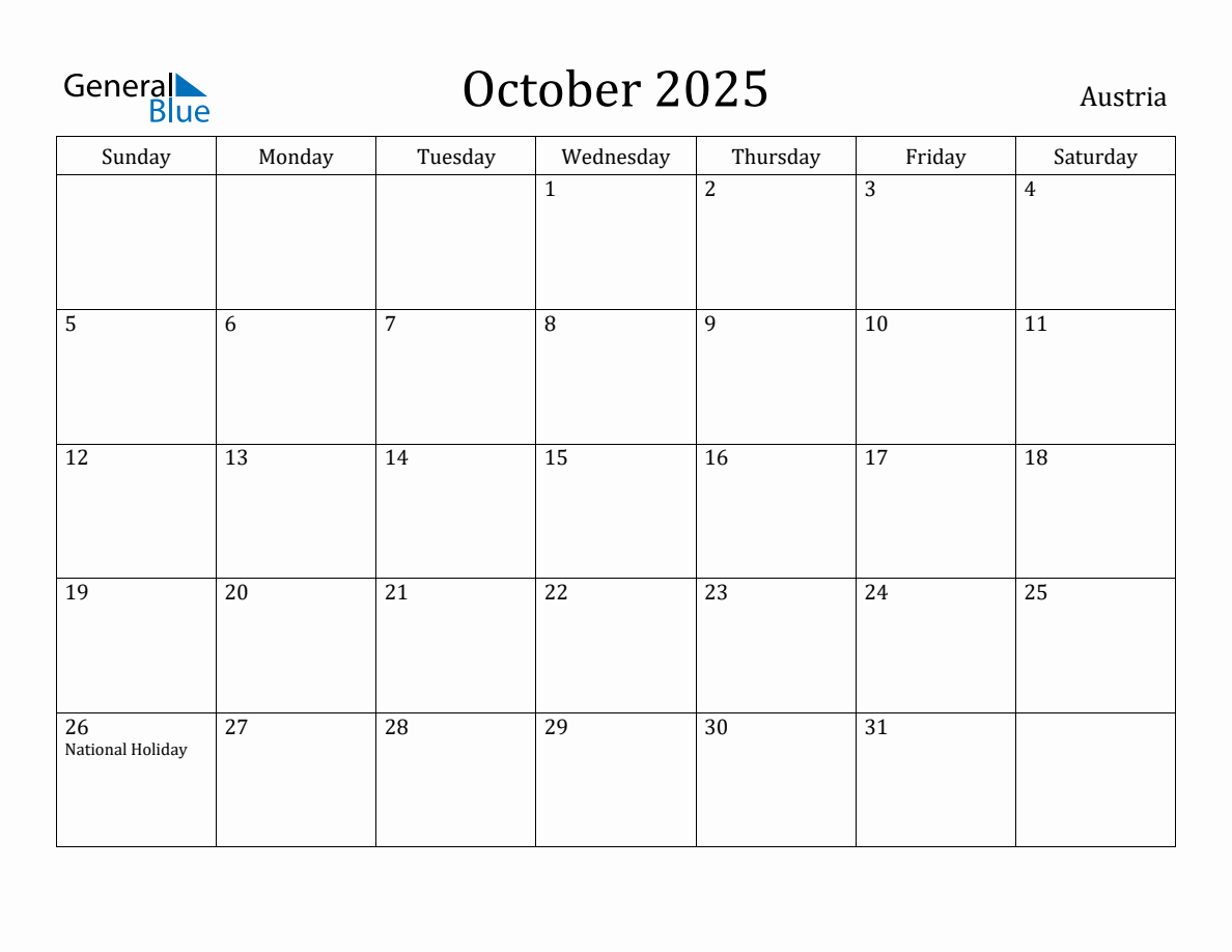 October 2025 Monthly Calendar with Austria Holidays