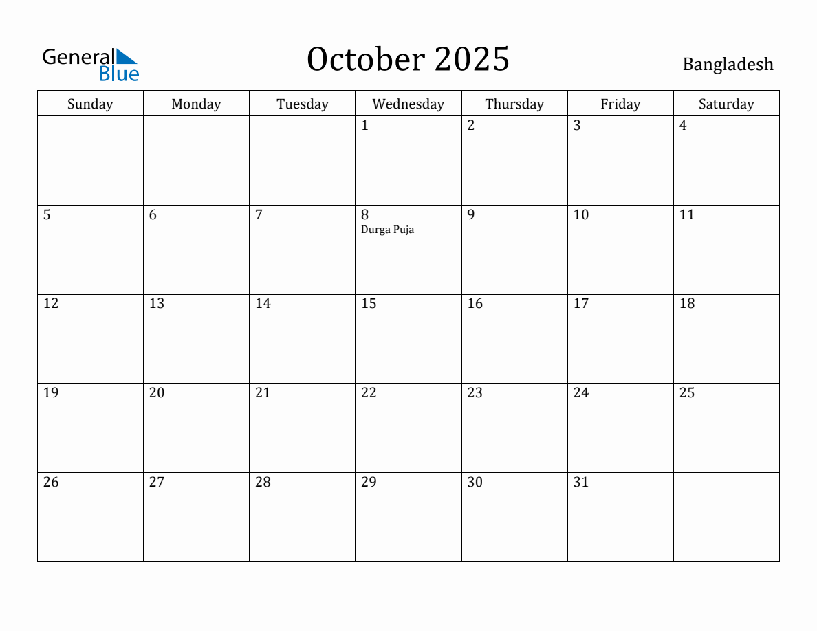 October 2025 Monthly Calendar with Bangladesh Holidays