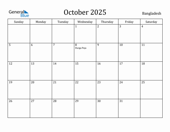 October 2025 Monthly Calendar with Bangladesh Holidays