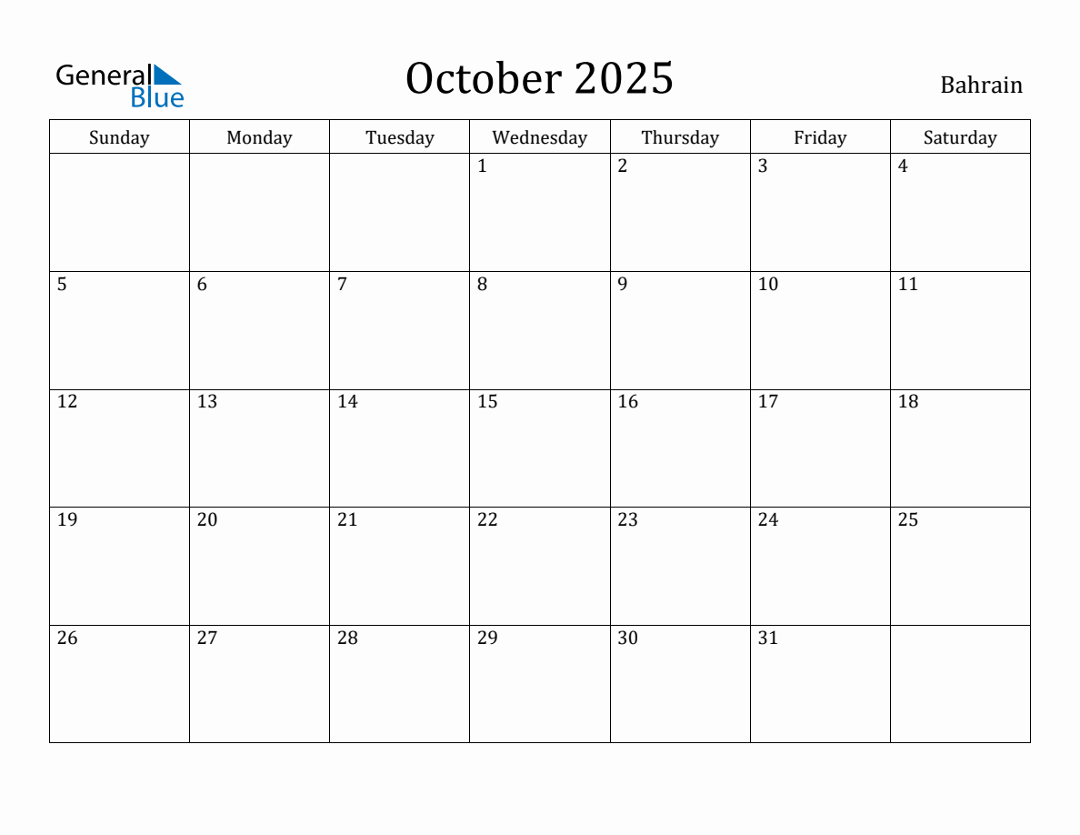 October 2025 Monthly Calendar with Bahrain Holidays