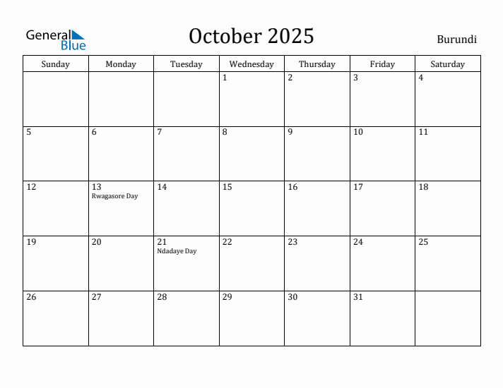 October 2025 Calendar Burundi