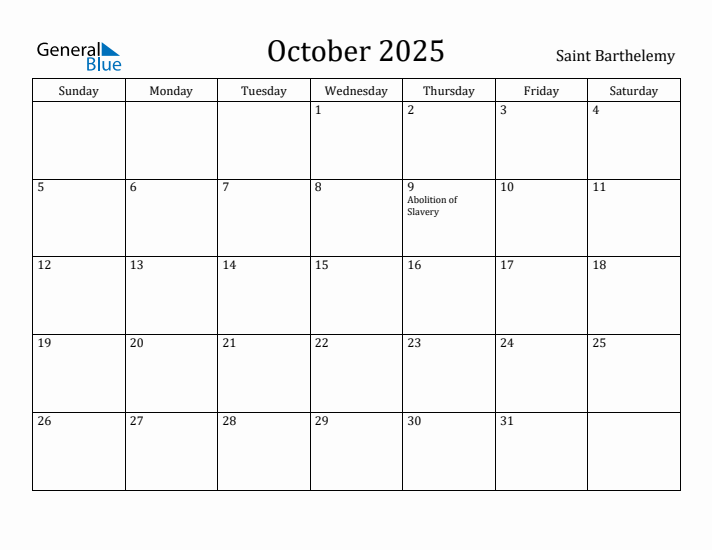 October 2025 Calendar Saint Barthelemy